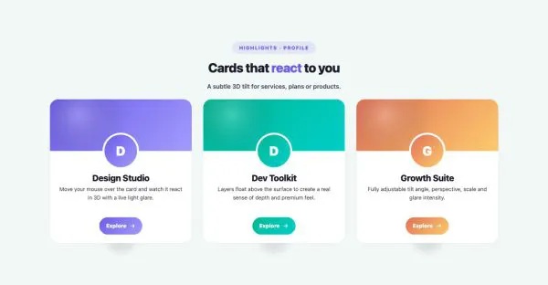 Features 32 section — 3D Tilt Card · Profile
