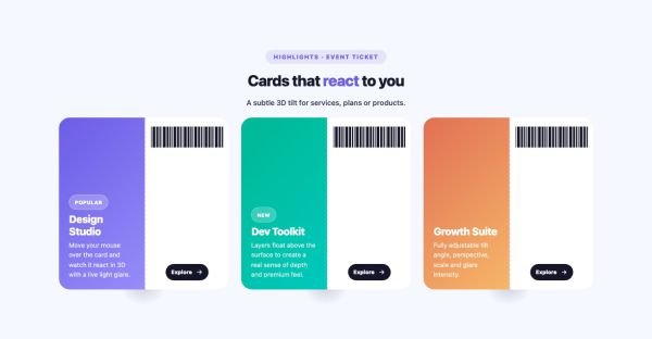 Features 33 section — 3D Tilt Card · Event ticket