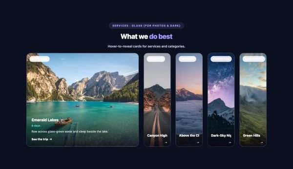 Features 36 section — Interactive Cards · Glass (for photos & dark)