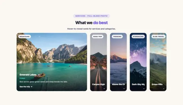 Features 37 section — Interactive Cards · Full-bleed Photo