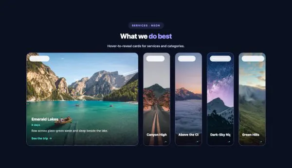 Features 38 section — Interactive Cards · Neon