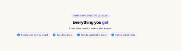 Features 43 section — List Item Pluses · Pills / tags