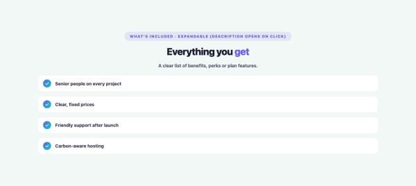 Features 44 section — List Item Pluses · Expandable (description opens on click)