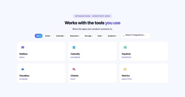 Features 54 section — Integrations Orbit · Directory grid