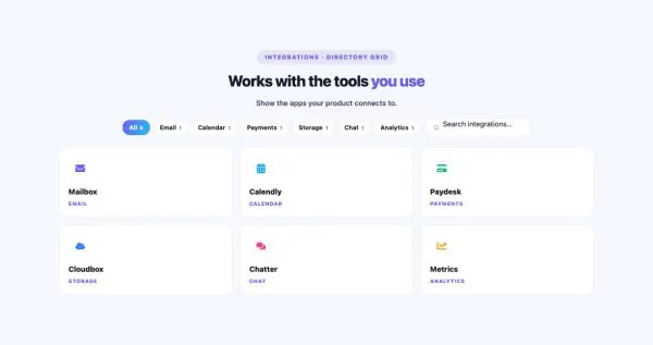 Features 54 section — Integrations Orbit · Directory grid