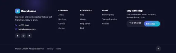 Footer 01 section — Dark · columns and newsletter
