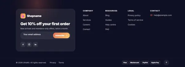 Footer 06 section — Store · big newsletter and payments