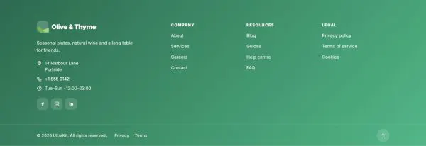 Footer 07 section — Restaurant · brand color with hours