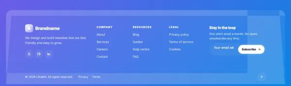 Footer 08 section — Glass · over a gradient background