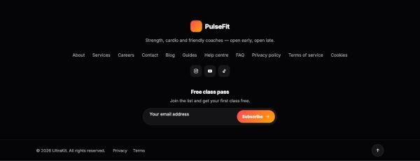 Footer 09 section — Gym · centered dark with newsletter