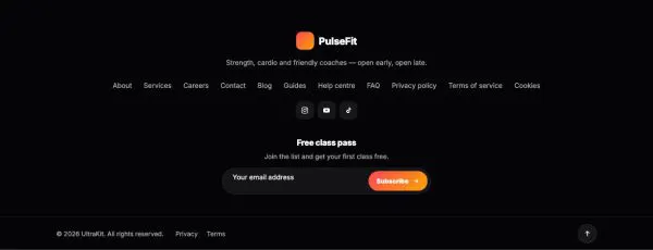 Footer 09 section — Gym · centered dark with newsletter