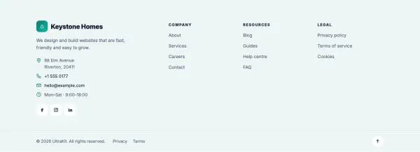 Footer 10 section — Real estate · soft with address and hours