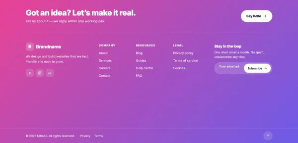 Footer 11 section — Creative · brand gradient with wordmark