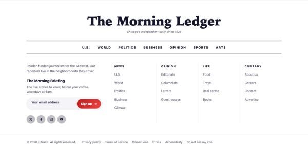 Footer 13 section — Newspaper · masthead, section links, ruled columns