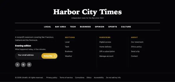 Footer 14 section — Newspaper · dark edition, gold accent