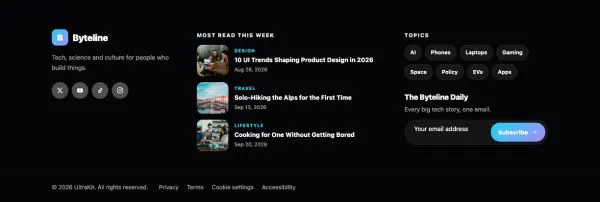 Footer 15 section — Tech news · most-read posts + topic chips