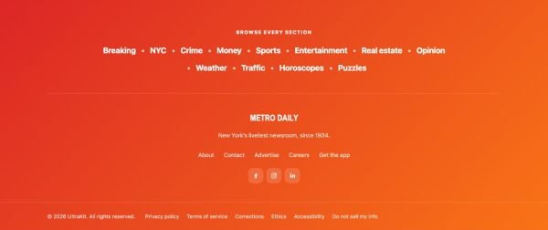 Footer 16 section — Tabloid · brand red topic cloud