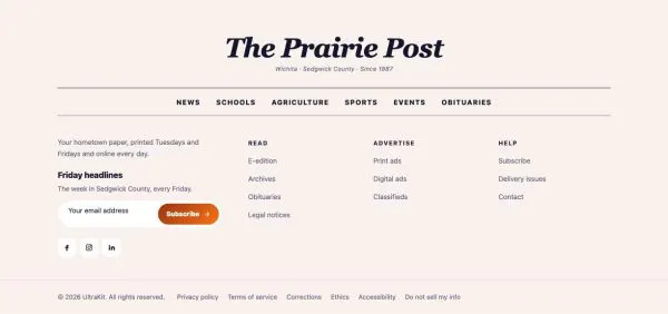 Footer 17 section — Community paper · italic masthead, soft