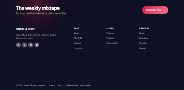 Footer 21 section — Culture magazine · dark mega with wordmark