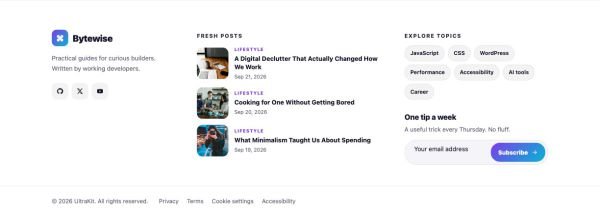 Footer 23 section — Tech blog · latest posts + topic chips