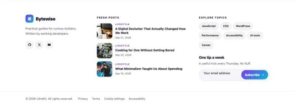 Footer 23 section — Tech blog · latest posts + topic chips