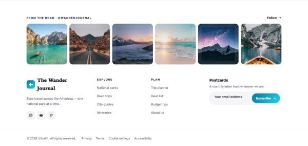 Footer 25 section — Travel blog · landscape photo row