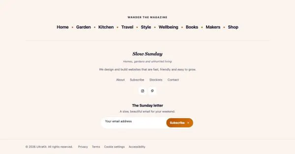 Footer 27 section — Lifestyle magazine · italic topic cloud