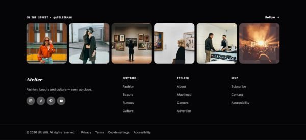 Footer 28 section — Fashion magazine · black editorial photo row