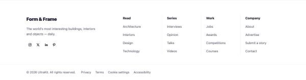 Footer 29 section — Architecture magazine · ruled columns (Dezeen style)