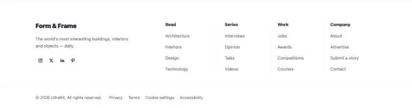 Footer 29 section — Architecture magazine · ruled columns (Dezeen style)