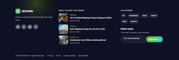 Footer 31 section — Gaming news · dark neon, most-read