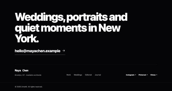 Footer 33 section — Photographer · dark statement + email