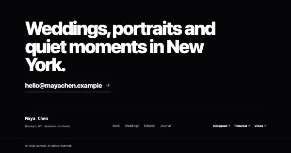 Footer 33 section — Photographer · dark statement + email
