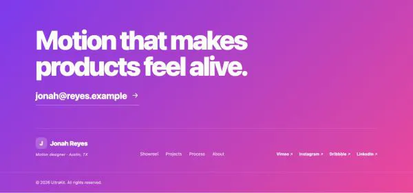 Footer 36 section — Motion designer · brand gradient statement