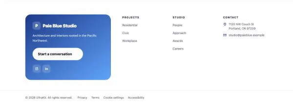 Footer 37 section — Architecture practice · split brand panel