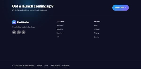 Footer 42 section — Digital studio · dark mega with wordmark