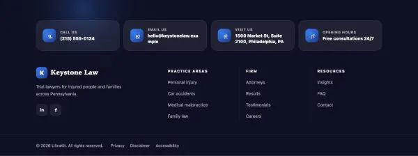 Footer 43 section — Law firm · contact cards, navy