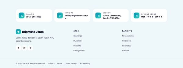 Footer 44 section — Dental clinic · soft contact cards