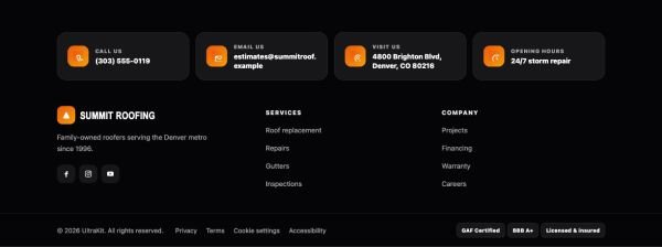 Footer 45 section — Roofing contractor · black, orange cards