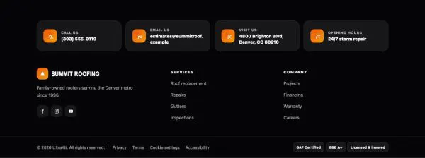 Footer 45 section — Roofing contractor · black, orange cards