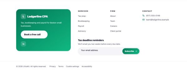 Footer 46 section — CPA firm · split green panel