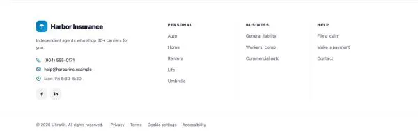 Footer 47 section — Insurance agency · light ruled columns
