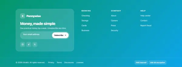 Footer 49 section — Fintech · brand newsletter panel