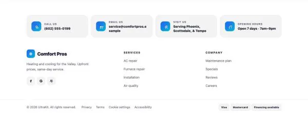 Footer 51 section — HVAC service · blue contact cards