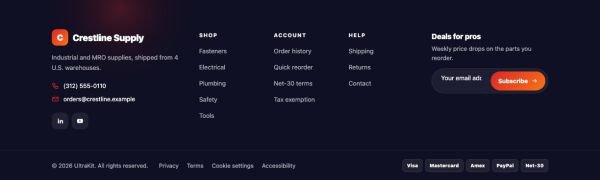 Footer 52 section — B2B supplier · dark columns + payment badges