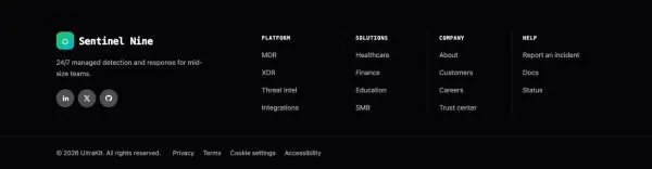 Footer 53 section — Cybersecurity · black sitemap, monospace