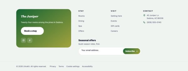 Footer 54 section — Boutique hotel · split panel, soft