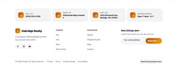 Footer 55 section — Real estate · light contact cards