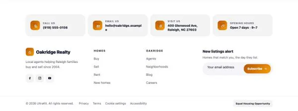 Footer 55 section — Real estate · light contact cards