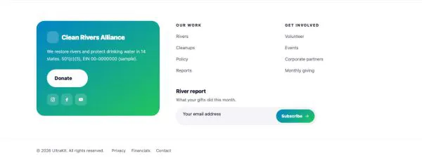 Footer 56 section — Nonprofit · split panel with donate button